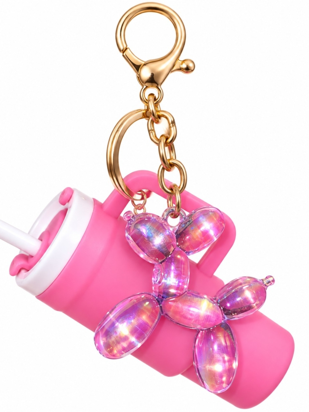 Pink Bottle Keychain with Purple Iridescent Balloon Dog Charm